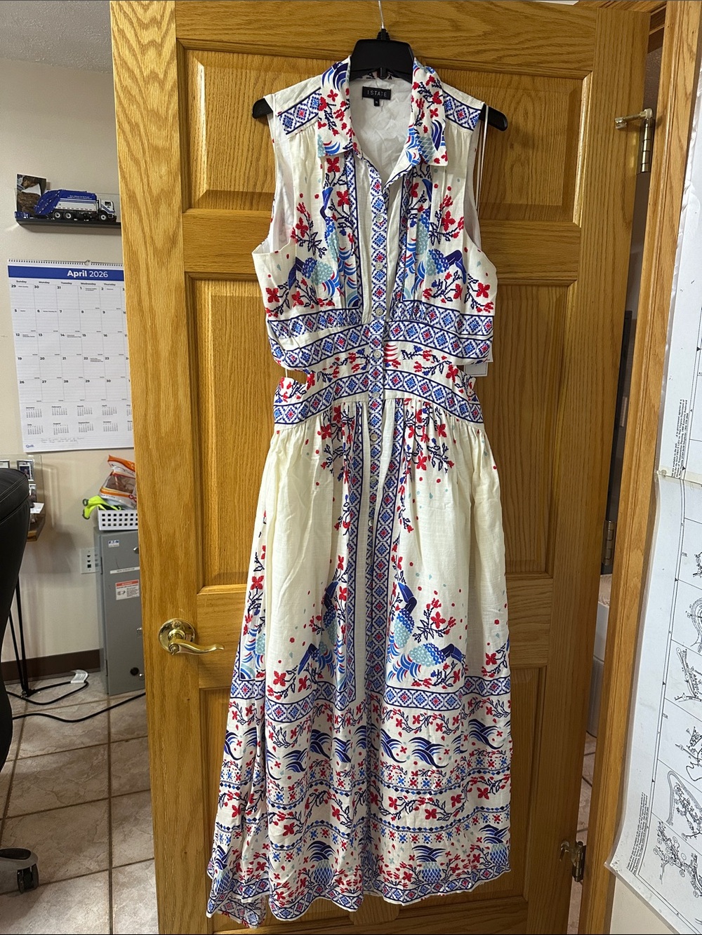 1. State White Maxi Dress with Blue & Red Embroidery